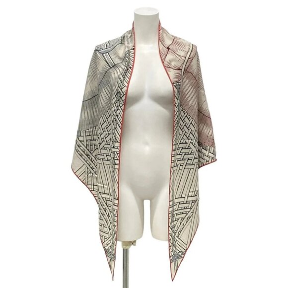 Auth HERMES Triangle Geant - Beige Red Multi Cashmere Silk Scarf - Picture 1 of 9